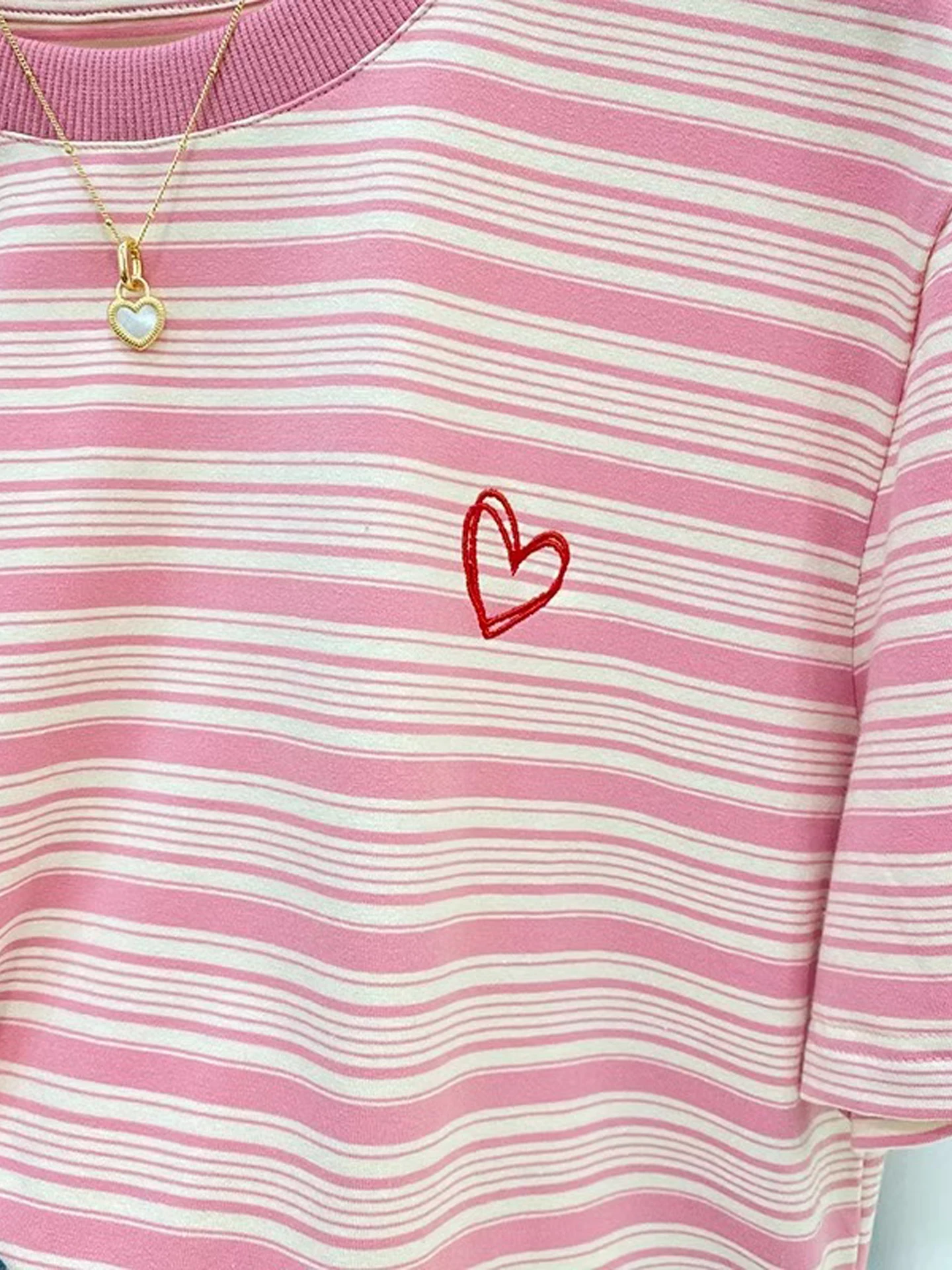 Slimming Large Version Pink Striped Women's T-shirt Summer New Style Casual Cotton Short Sleeve round Neck Base Shirt Top