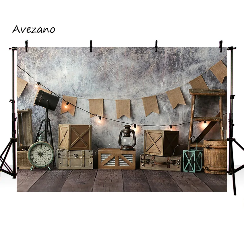 Avezano-어린이 생일 배경 사진 조명, 레트로 나무 바닥 상자, 시계, 케이크 스매시 장식 배경, 사진 스튜디오 소품
