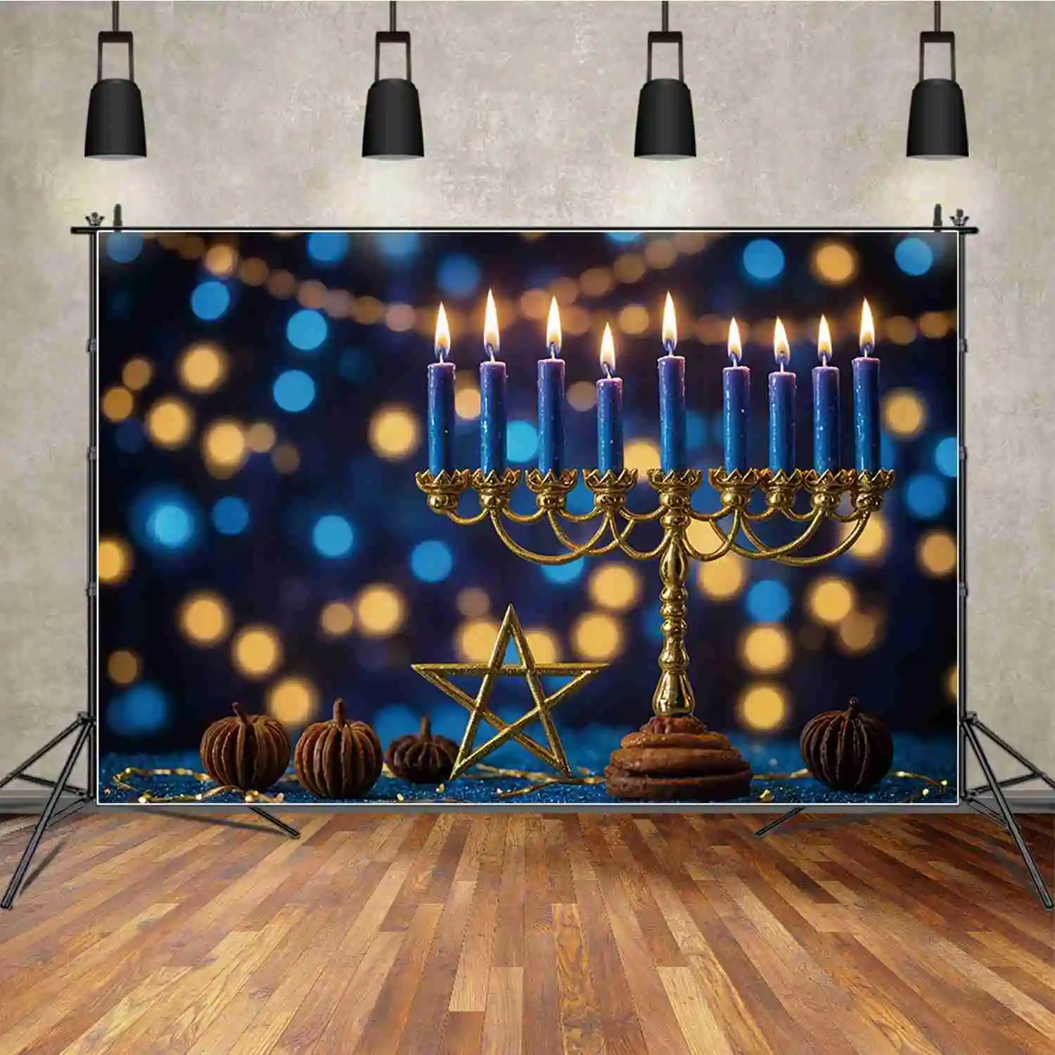 MOON.QG Happy Hanukkah Decorations Photography Backdrop Blue Gold Nine-Branched Candlestick Background Party Photo Studio Banner