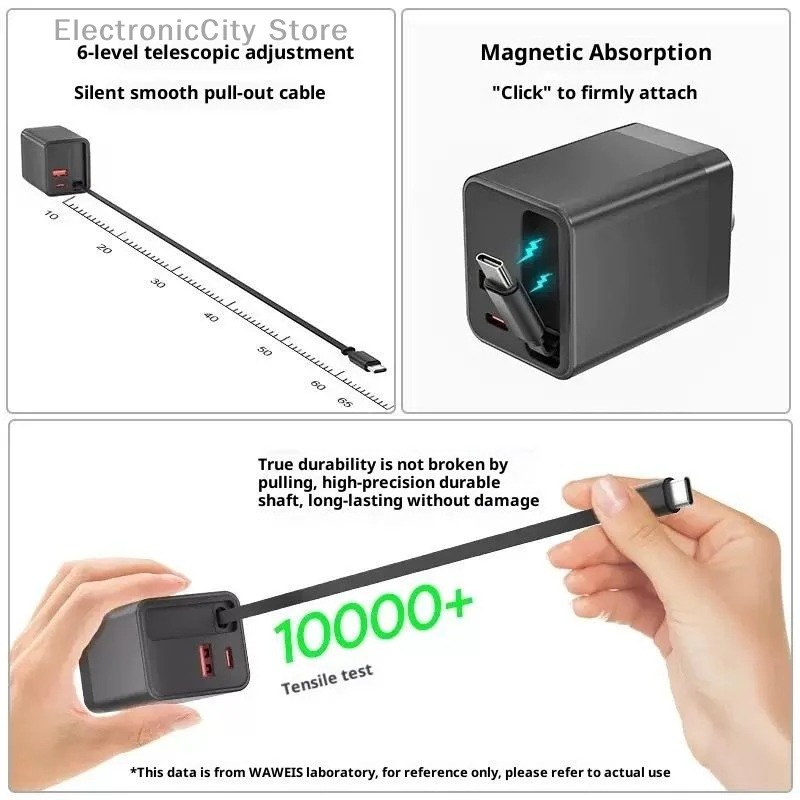 

1 шт., 65 Вт, сверхбыстрая зарядка, USB-зарядное устройство для телефона, быстрая зарядка, зарядное устройство для телефона с выдвижным кабелем USB C