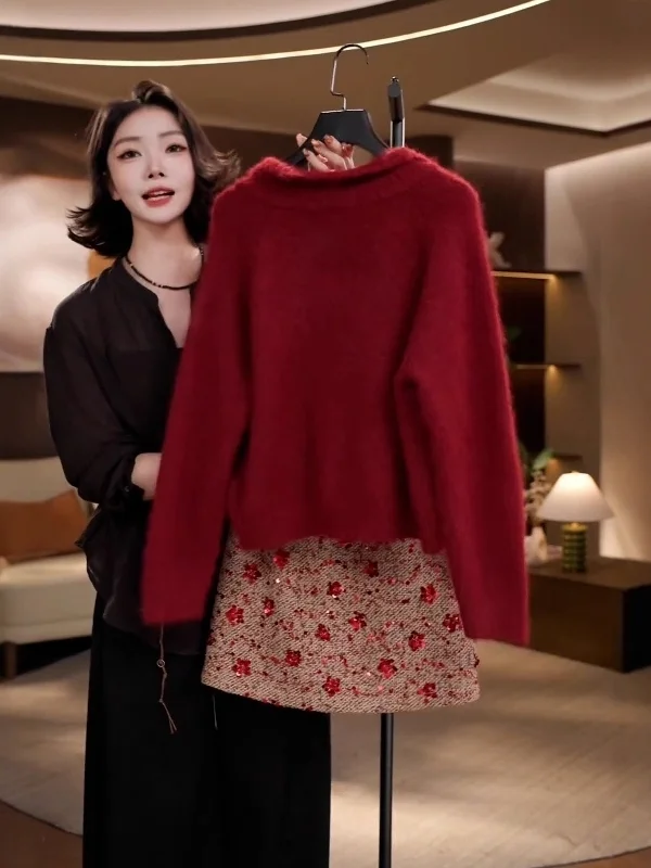 الخريف الشتاء المرأة كسول Sle محبوك سترة وتنورة ألف خط قطعتين مجموعة مشرق الأحمر التخسيس تأثير عادية Faion