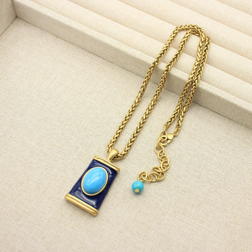 Vintage Enamel Necklace Set Turquoise Medieval Necklace Accessories Women's Sweater Chain Pendant