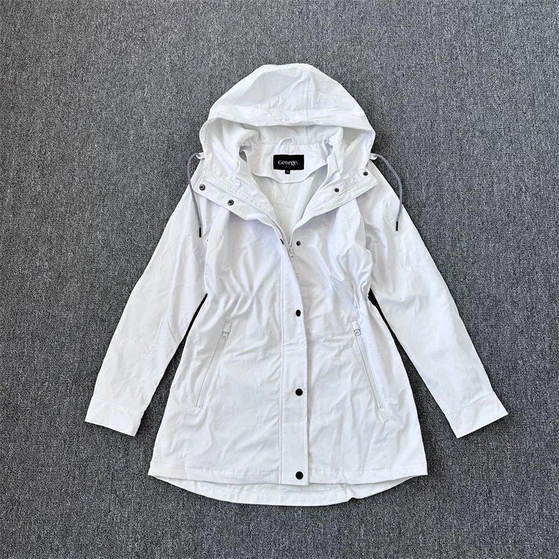 plus Size Raincoat Medium Length Women's Windbreaker Slimming PU Waterproof Versatile Outerwear Commute Sle Long Sve Zipper