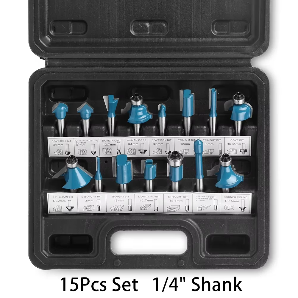 1/4" Shank Router Bit Woodworking Tools Engraving Machine Sturdy 15Pcs Milling Cutter Set Grooving Trimming Bits