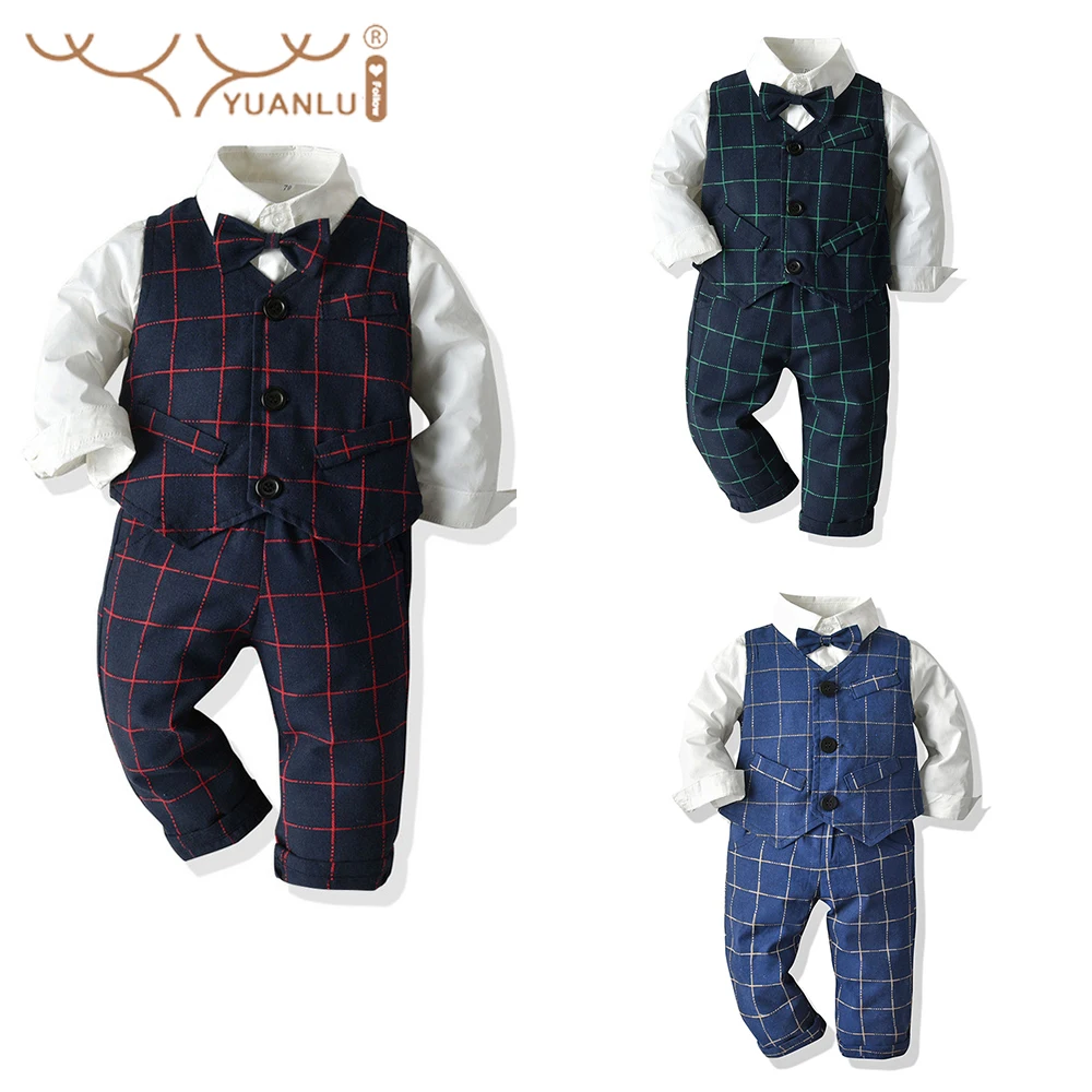 

Formal Boy Suit Set Formal Boy's Wedding Suit 3 Pieces Shirts Pants Waistcoat Plaid Boy Child Costume 2 to 14 Years High Quality