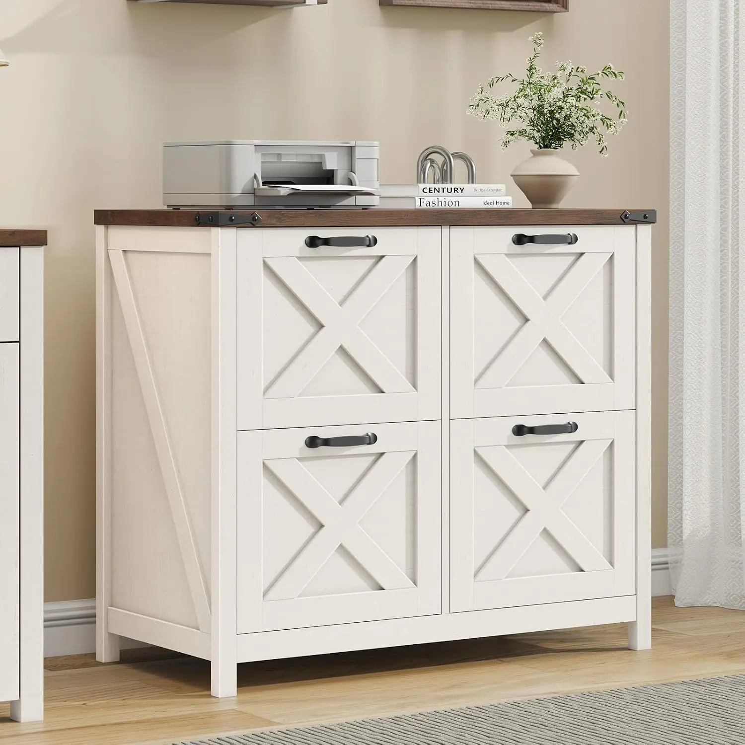 Farmhouse Lateral File Cabinet 4 Drawers Wood Storage Letter A4 Hanging File Printer Stand Home Office, Customized