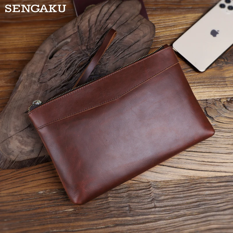 

Clutch Bag Man Hand Men Business Vintage Genuine Leather Men's Handbag Large Capacity Zipper Wallet Phone Long Wallet