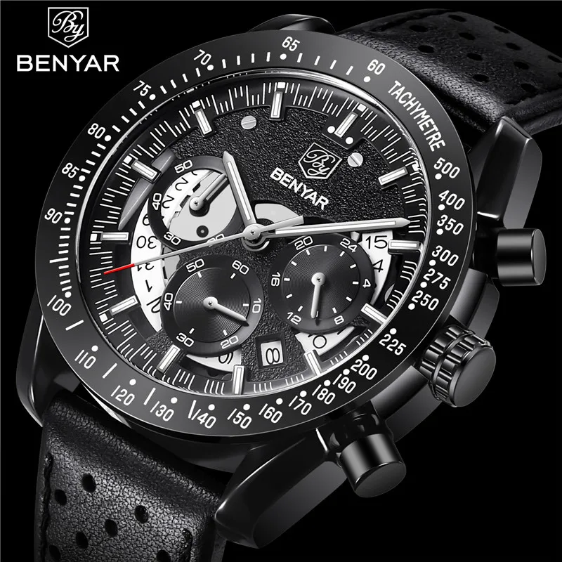 2026 BENYAR Top Luxury Watch Men Sport Quartz Male Chronograph Date Clock Military Army Black Genuine Leather Wristwatch 5120