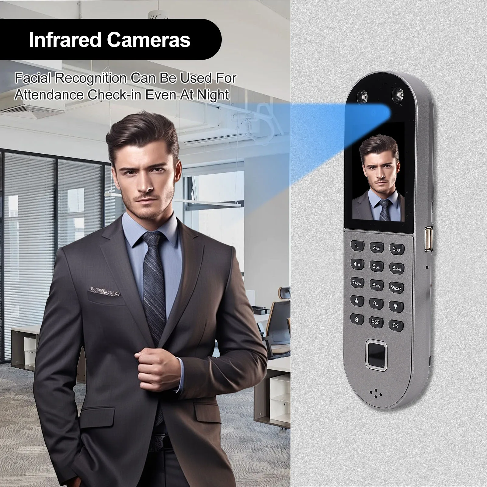 

2,4-дюймовый ЖК-экран, биометрические часы, распознавание лиц и отпечатков пальцев, система посещаемости, регистратор регистрации сотрудников