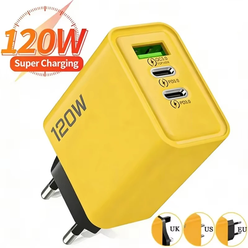 120W 4-Ports Ultra Fast Charging Type-C GaN Phone Charger USB-C QC 3.0 Super Charging Adapter For IPhone Huawei Samsung