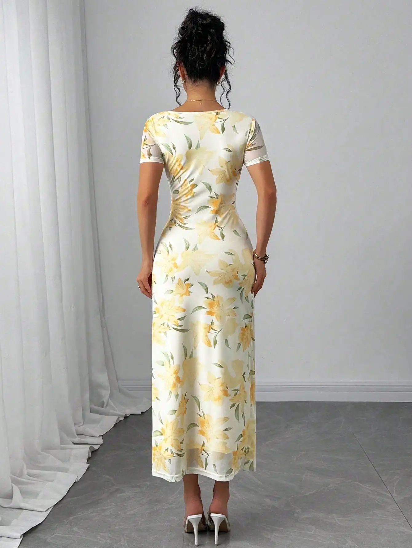 

Yellow Floral Square Neck Ruched Midi Dress With Front Bowknot For Women Spring Summer