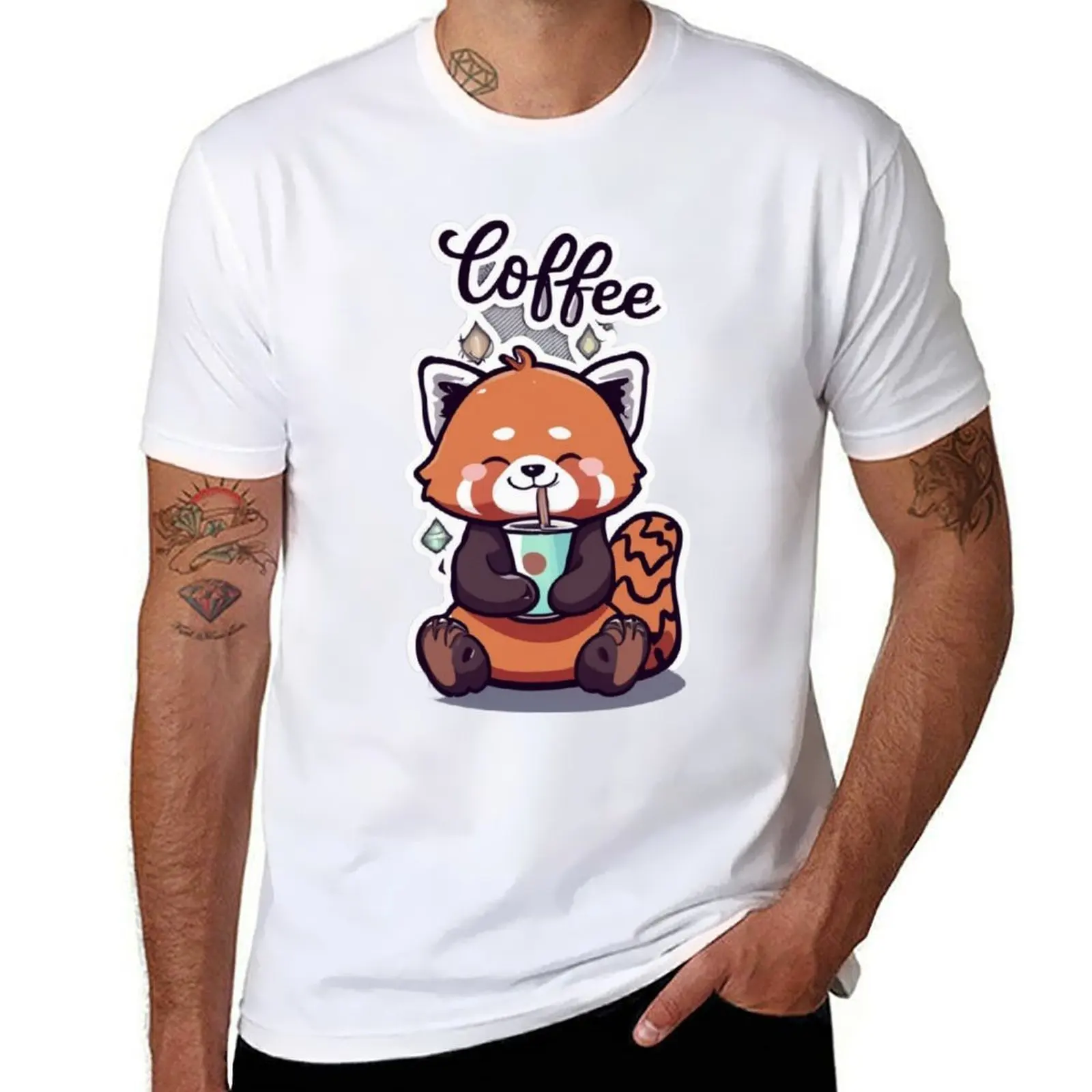 

Baby red panda drink coffee T-Shirt t shirts for man graphic funny man t shirts for men casual T-Shirt