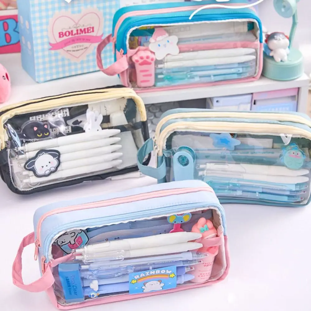 Portable PVC Pen Bag Contrast Color Transparent Pencil Case Large Capacity Waterproof Pen Box Gift