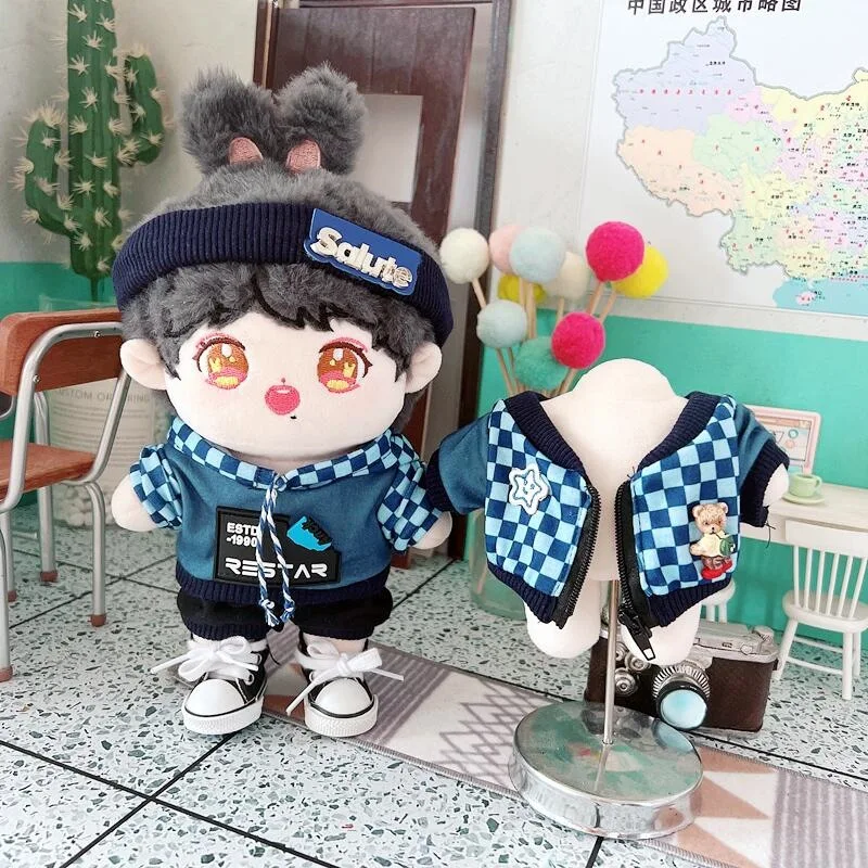 4Pcs Checkered Hoodie Jacket Suit Kawaii Boy Plush Doll Cute Stuffed Plushies Idol Doll DIY Clothes Accessory Soft Kids Toys