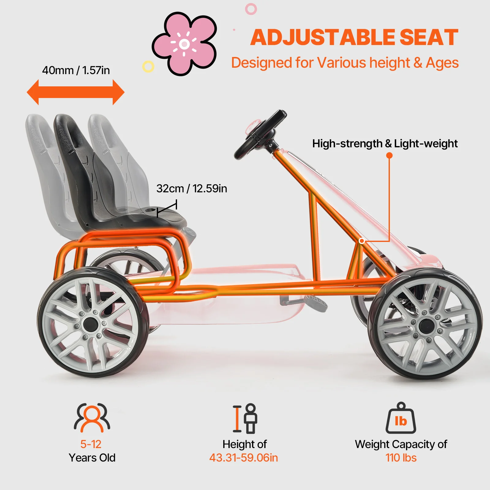 VEVOR Carrito de Pedales Todoterreno de 4 Ruedas para Niños con Volante, Asiento Ergonómico Ajustable y Freno de Mano, Ruedas de EVA, Carga de 49,9 KG Coche de Pedales para Niños de 5 a 12 Años, Rojo