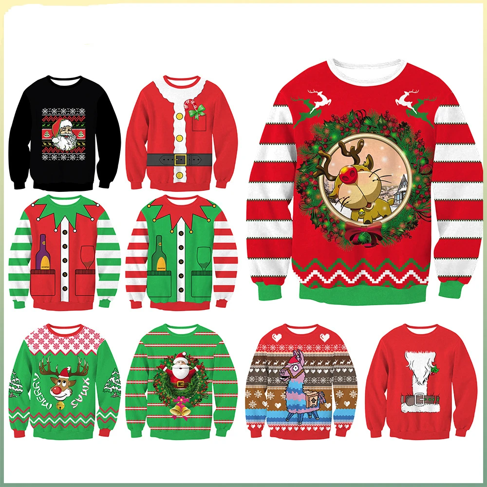 Śmieszny nadruk 3D Święty Mikołaj Renifer Sweter Mężczyźni Kobiety Brzydkie Świąteczne Swetry Swetry Topy Holiday Party Pullover Bluza Top