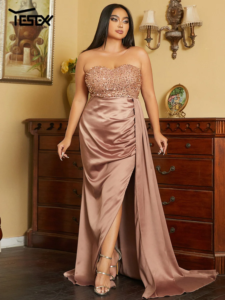 

Yesexy Plus Size Strapless Backless Sequins Draped Split Prom Dress A-Line Brown Evening Dress