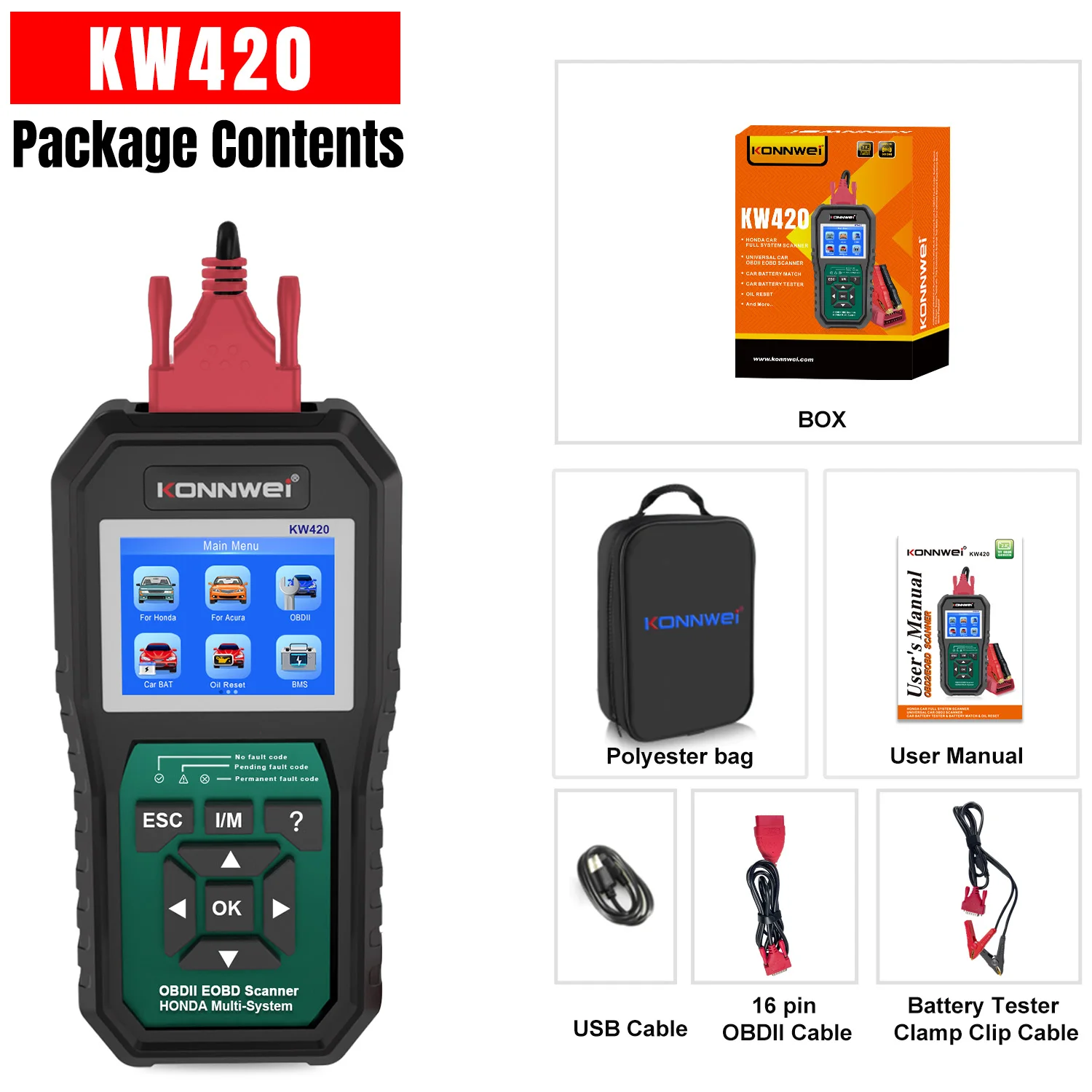KONNWEI KW420 Full System Diagnostic Tool For Honda 6-12V DTC Lookup Oil Reset SRS Code Reader Clear Trouble Code Battery Tester
