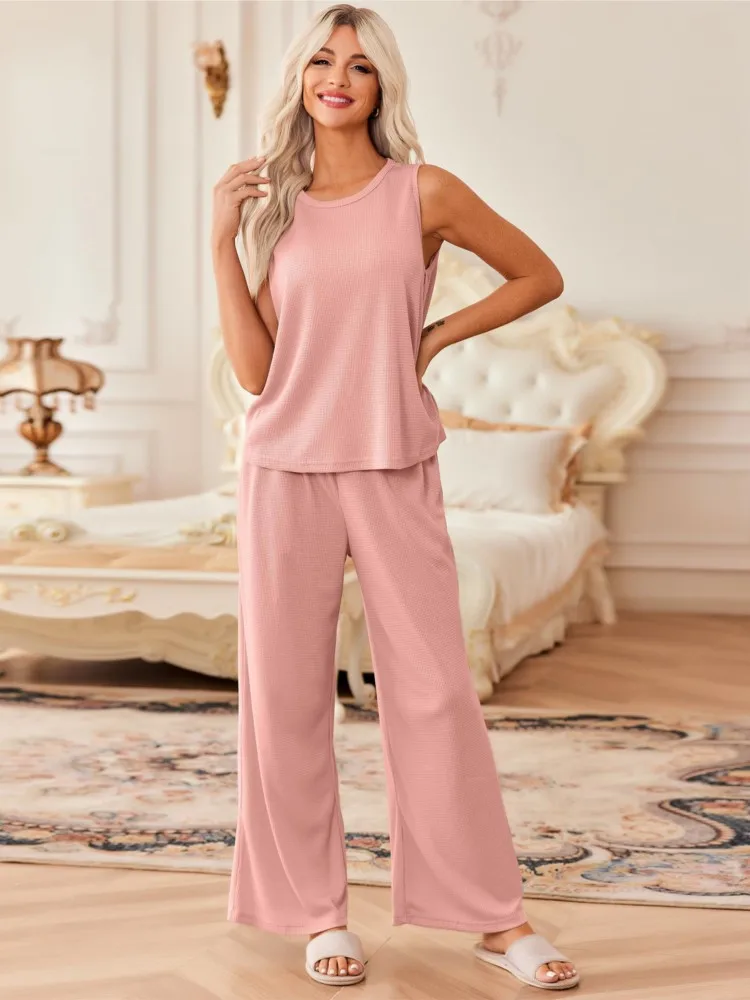 Solid Color New In Matching Sets Two Piece Outfits 2 Pieces Set For Woman Sleeveless Slim Simple Style All-match Casual Homewear