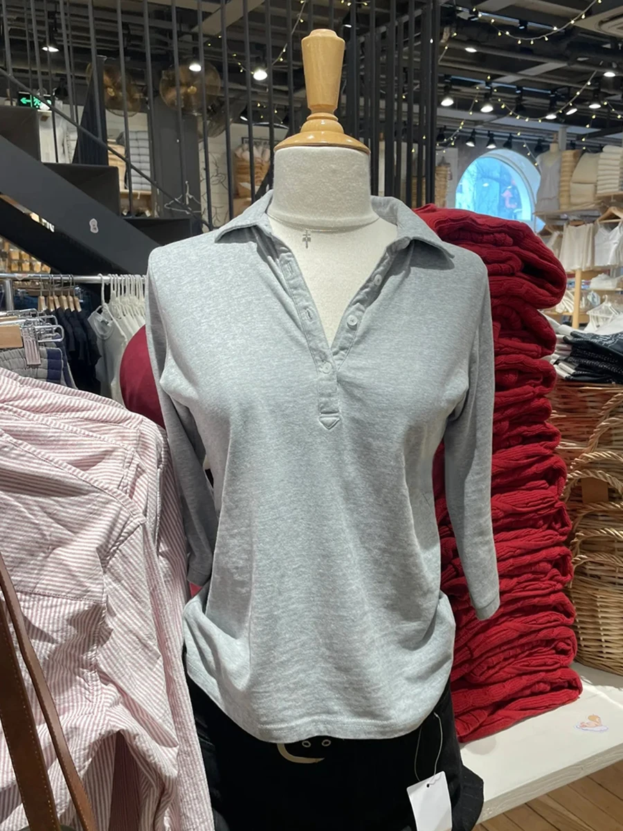 

Gray Cotton Buttons T-shirt Women Autumn Solid Lapel Three Quarter Collar Slim Tees Female Sweet Simple Casual Tshirts 2025 New