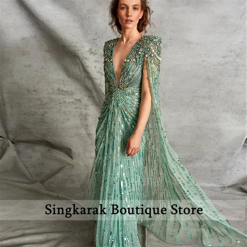 Exquisite Green Mermaid Beading Diamonds Elegant Birthday Robe Evening Gown With Cape Vestidos De Noche Customized