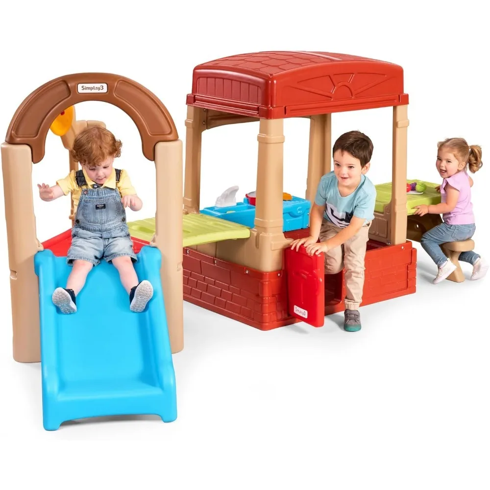 

Playhouse.Sunny Slide and Climb Picnic Playhouse -Indoor or Outdoor Backyard Playset for Kids with Kitchen, Picnic Table,Toddler