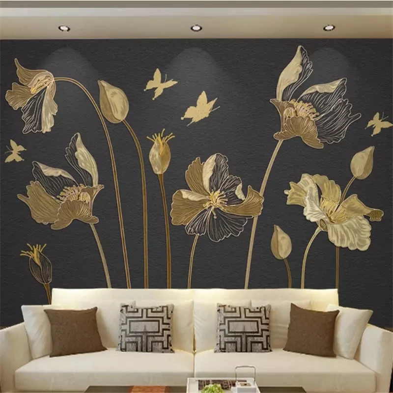 Customized wallpaper 3d beautiful European flowers butterfly golden bedroom Living room sofa TV background wall restaurant Hotel