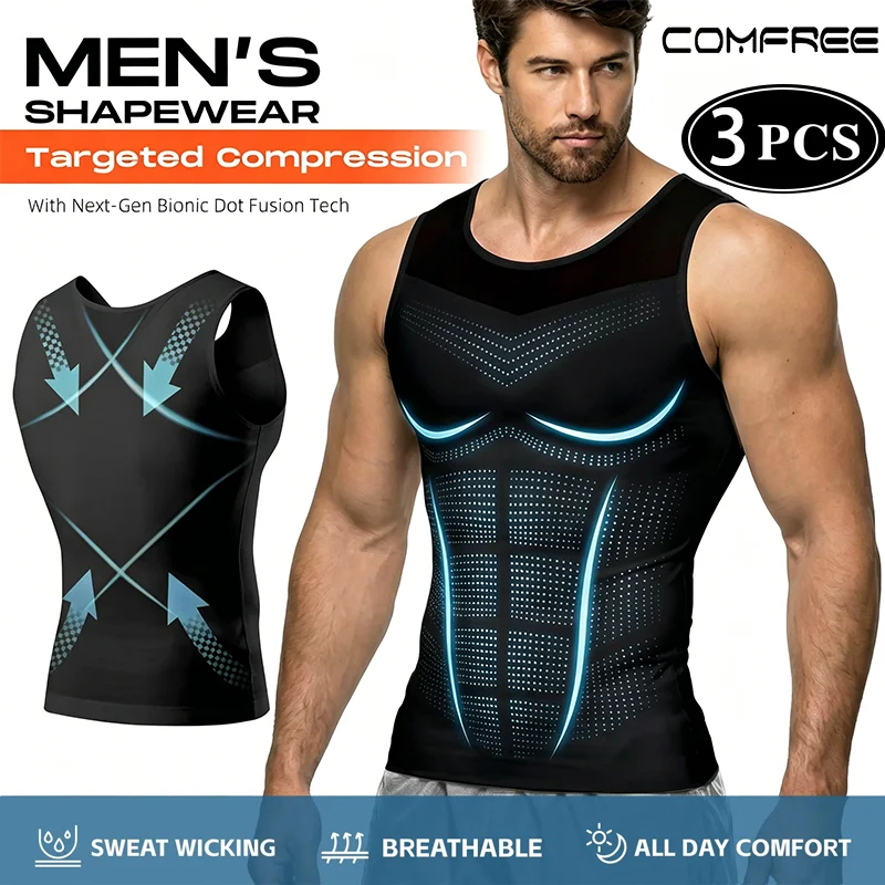 3-teiliges Kompressions-Unterhemd für Herren, schlankmachender Body Shaper für Bauch und Bauchmuskeln, Fitness-Unterwäsche mit hoher Dehnbarkeit, Hochleistungs-Gym-Workout-Tanktop mit