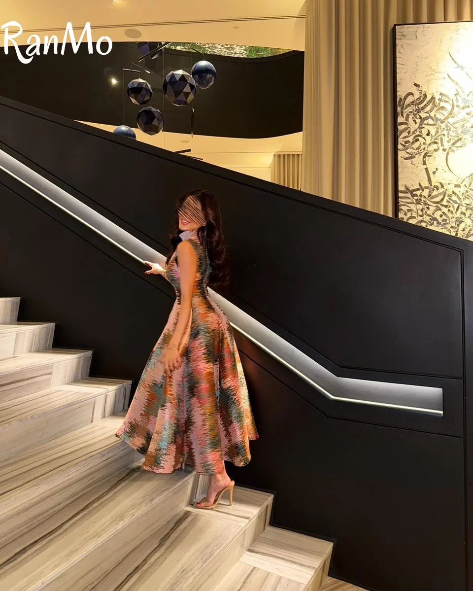 Ranmo 2025 Elegant Oil Painting Graffiti Colourful Evening Dresses High Collar Pleat Ankle Length Customsied Party Dresses