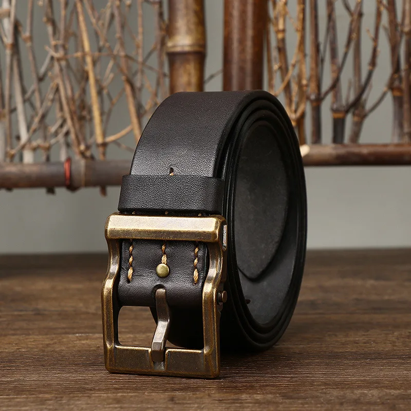 3.9CM Thickened Pure Cowhide Genuine Leather for Men's High Quality Jeans Copper Buckle Belts Cowboy Waistband Male Designer