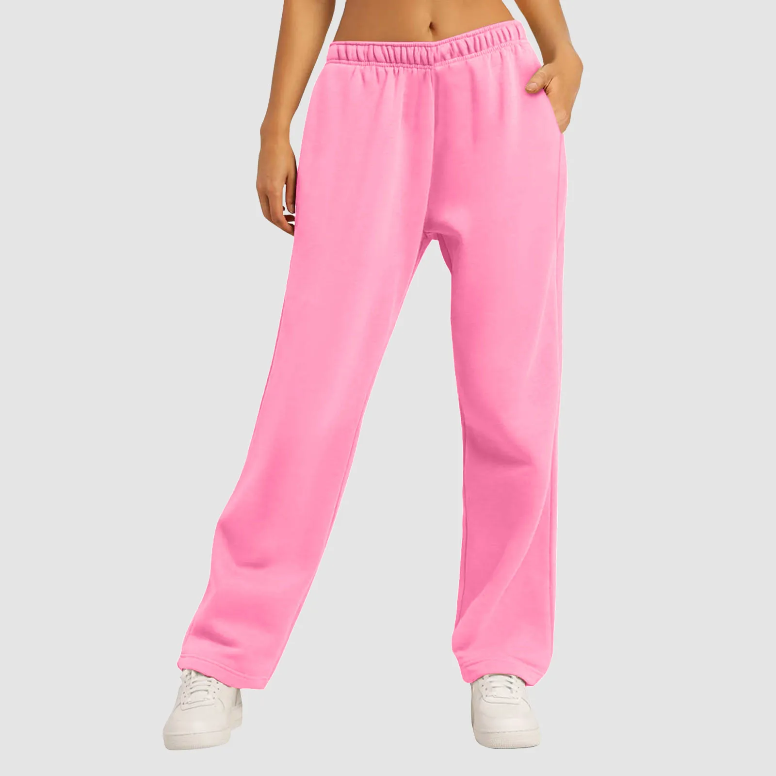 Women’s Fleece Lined Warm Workout Wide Leg Sweatpants Loose Fit Solid Color Pocket Joggers Pants High Waist Simple Trousers