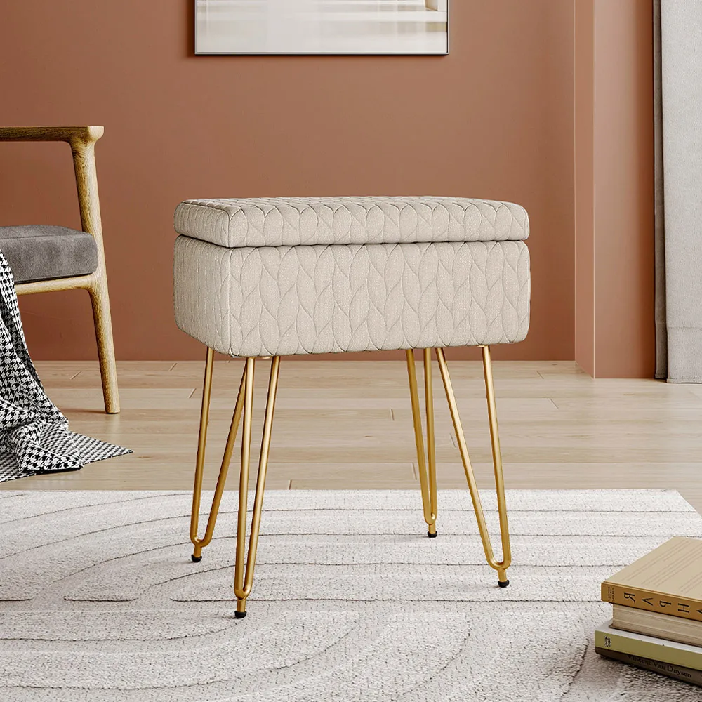 Beige Rectangle Comfortable Household Multifunctional Upholstered Storage Ottoman Vanity Stool