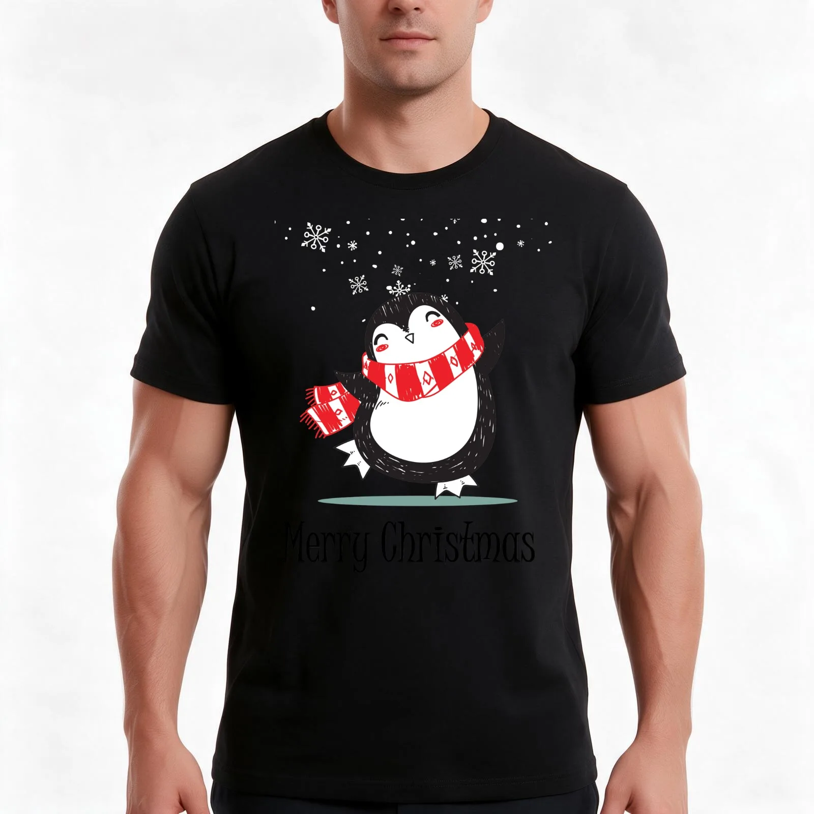 Merry Christmas says a Penguin Dancing in the Snow T-Shirt, Summer Casual Cotton Tee, Oversized Streetwear Tops, 100% Cotton