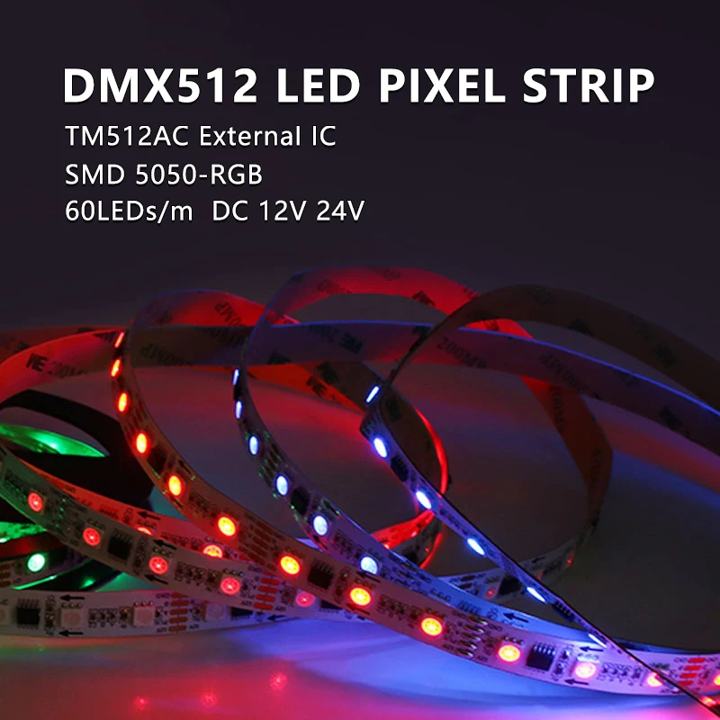 RGB Flex Pixel Light Strip DMX512 1990 Digital Dual Signal Full Color LED Lamp Bar DC 12V 24V 60LEDs/M TM512AC IC Programmable