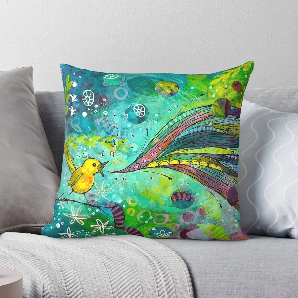 Sing A Song Golden Bird Square Pillowcase Polyester Linen Velvet Pattern Zip Decorative Pillow Case Sofa Seater Cushion Case