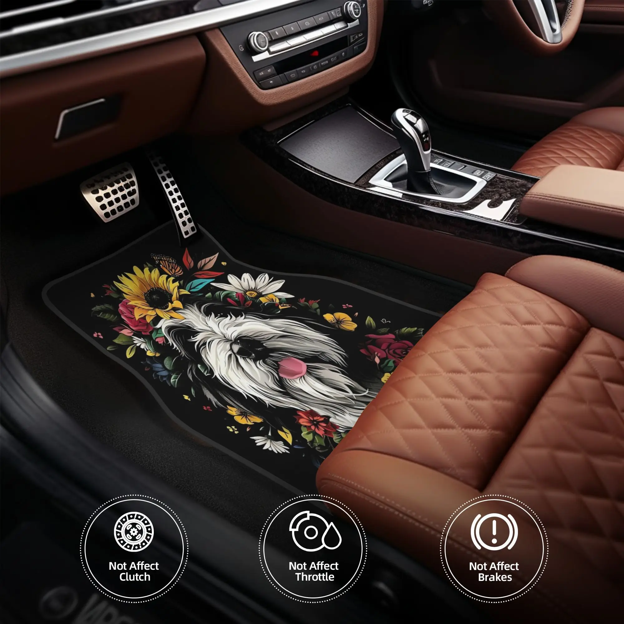 4pcs Funny Bearded Collie Flowers Floral Car Floor Mats - Durable Polyester Fiber, Fit For Cars, Playful Design With Vibrant Col