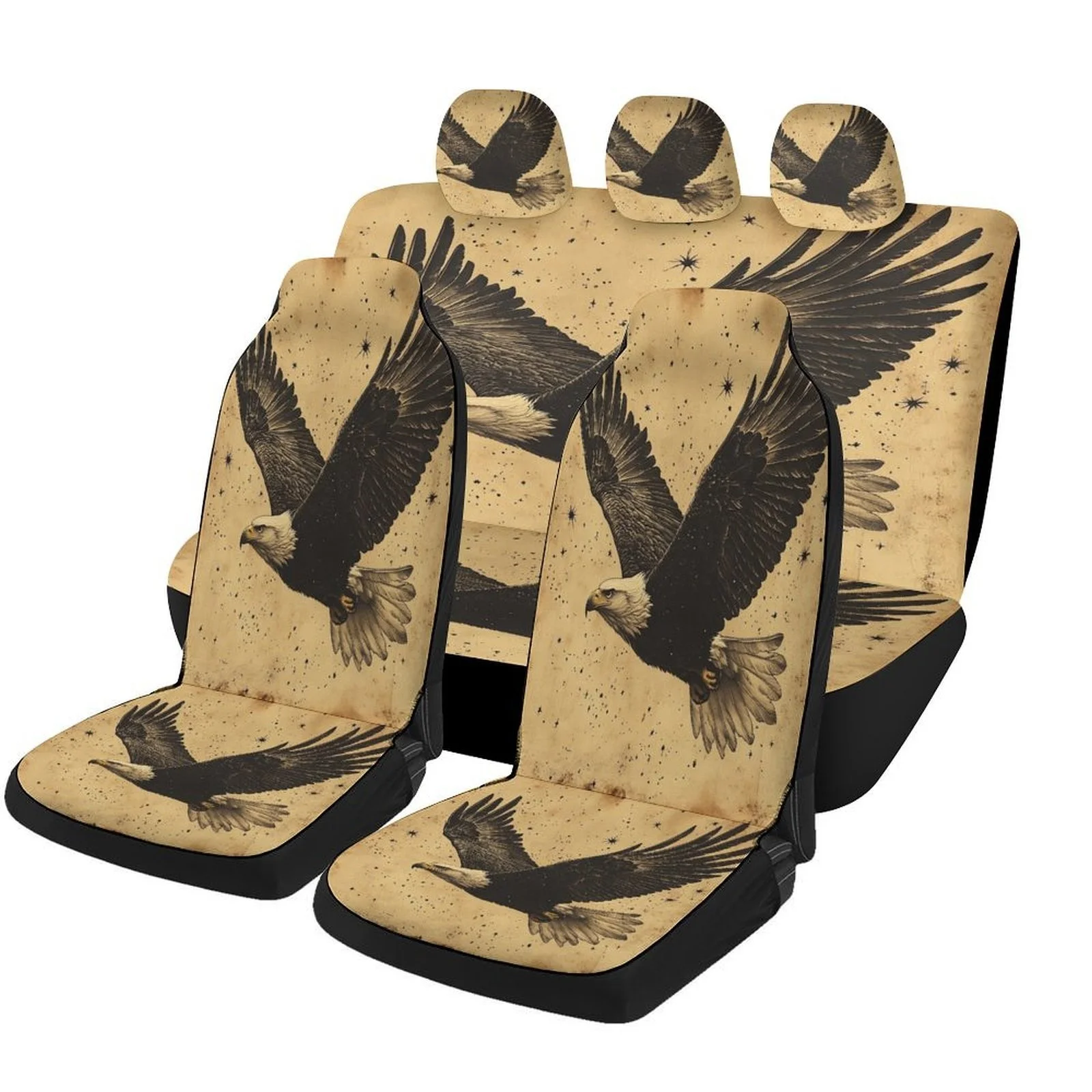 Soaring Eagle Themed Car Seat Cover Set - Full Set For 2 Front & Rear Seats, Durable Polyester, Non-Slip Backing, Machine Washab