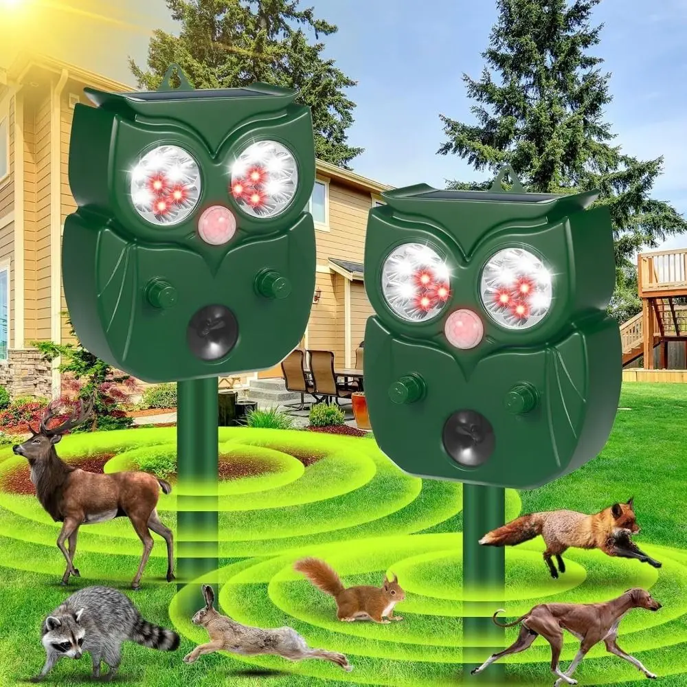 Owl Shape Ultrasonic Animal Repellant Solar Powered Infrared Sensor Solar Animal Repeller Rechargeable 14 LEDs