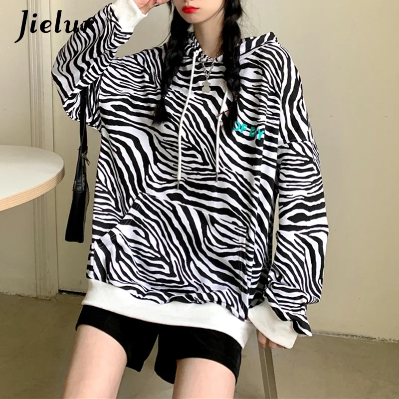 Jielur Autumn New Style Loose Long-sleeved Gray Zebra Stripes Hoodies Female Letter Printed Pocket Hooded Sweatshirts Women M-XL