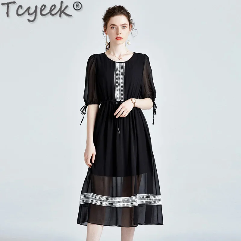 

100% Tcyeek Mulberry 2024 Summer Womens es 14MM Real Silk Long Elegant es for Women Waist Black Dress