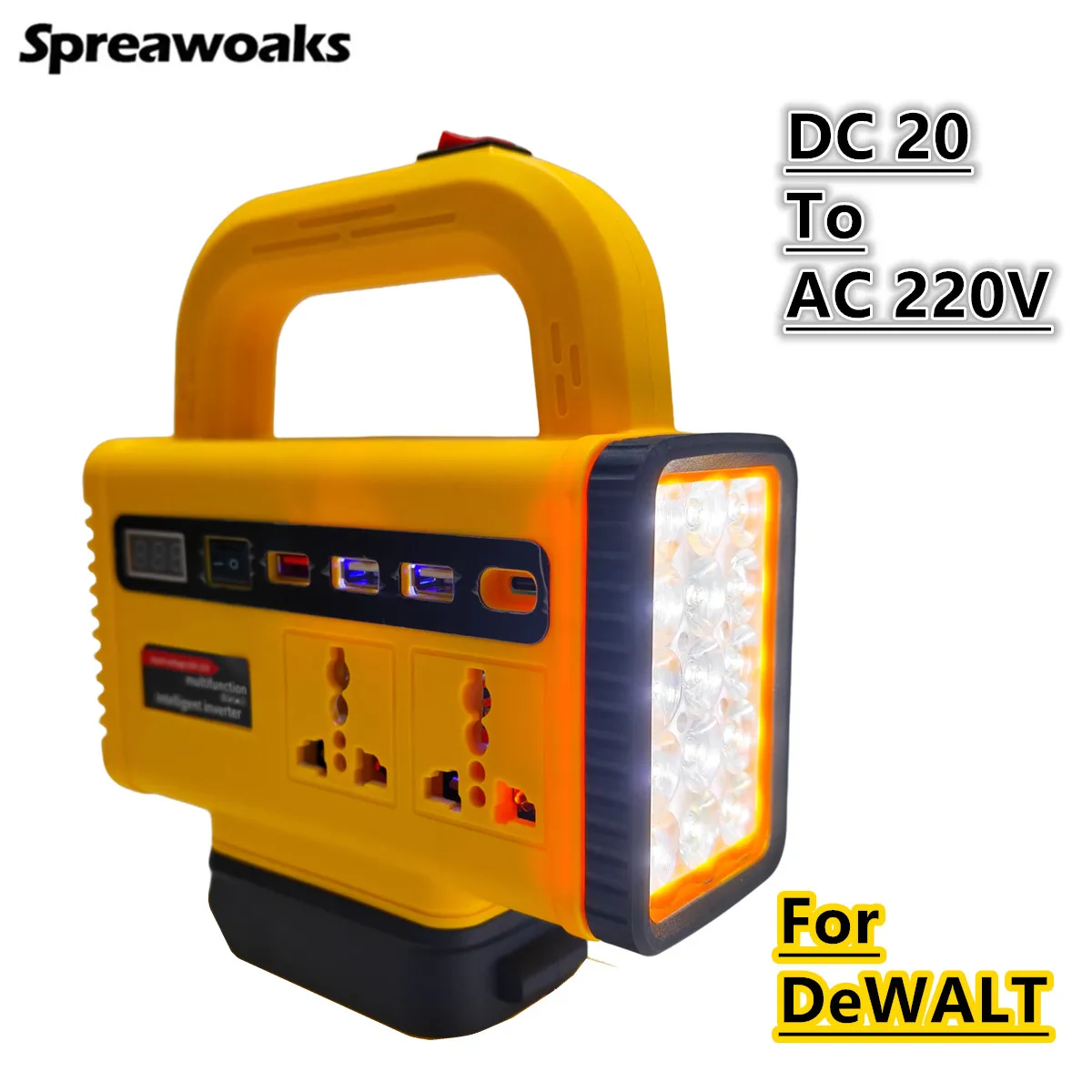 

150W Battery Inverter DC 20V To AC 220V Power Converter & LED Work Light 2 in 1 High Power Transformer For DEWALT 20V Battery