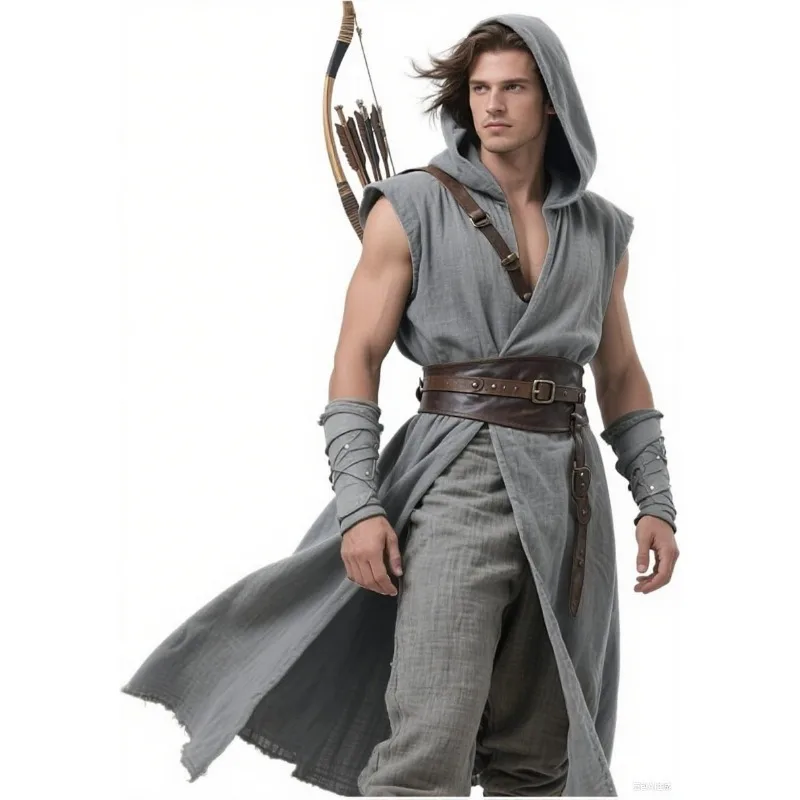 1 pz tunica medievale senza maniche da uomo rinascimentale mantello corto costume cosplay di Halloween abito con cappuccio