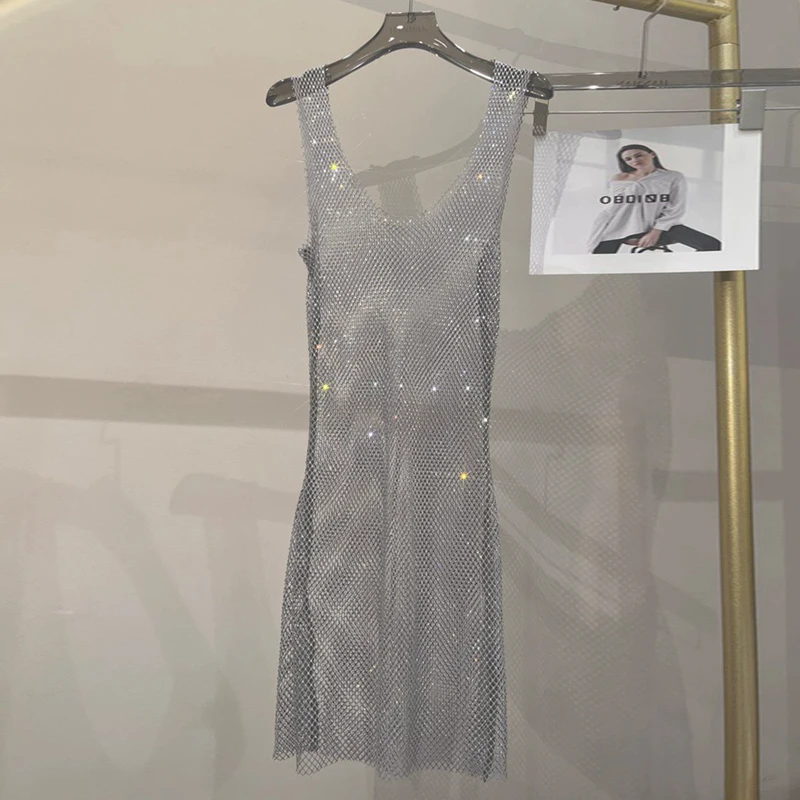 Damen Strass-Netzkleid Durchsichtiges Mesh-Midikleid Funkelndes Transparentes Bodycon-Partykleid Nachtclub-Outfit Festival-Rave-Outfit – Detail 5
