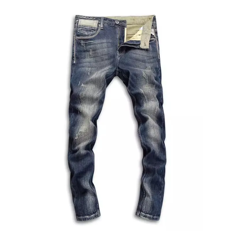 Vintage Fashion Men Jeans High Quality Retro Black Blue Stretch Slim Fit Ripped Jeans Men Pocket Designer Denim Pants Hombre