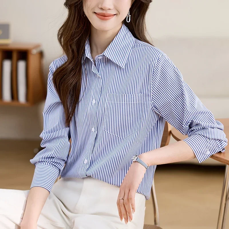 Fashion Long Sleeve Turn Down Collar Women Shirt Striped Shirt Blouse Women Tops Blouses Shirts Blusas Para Mujer Camisas N219