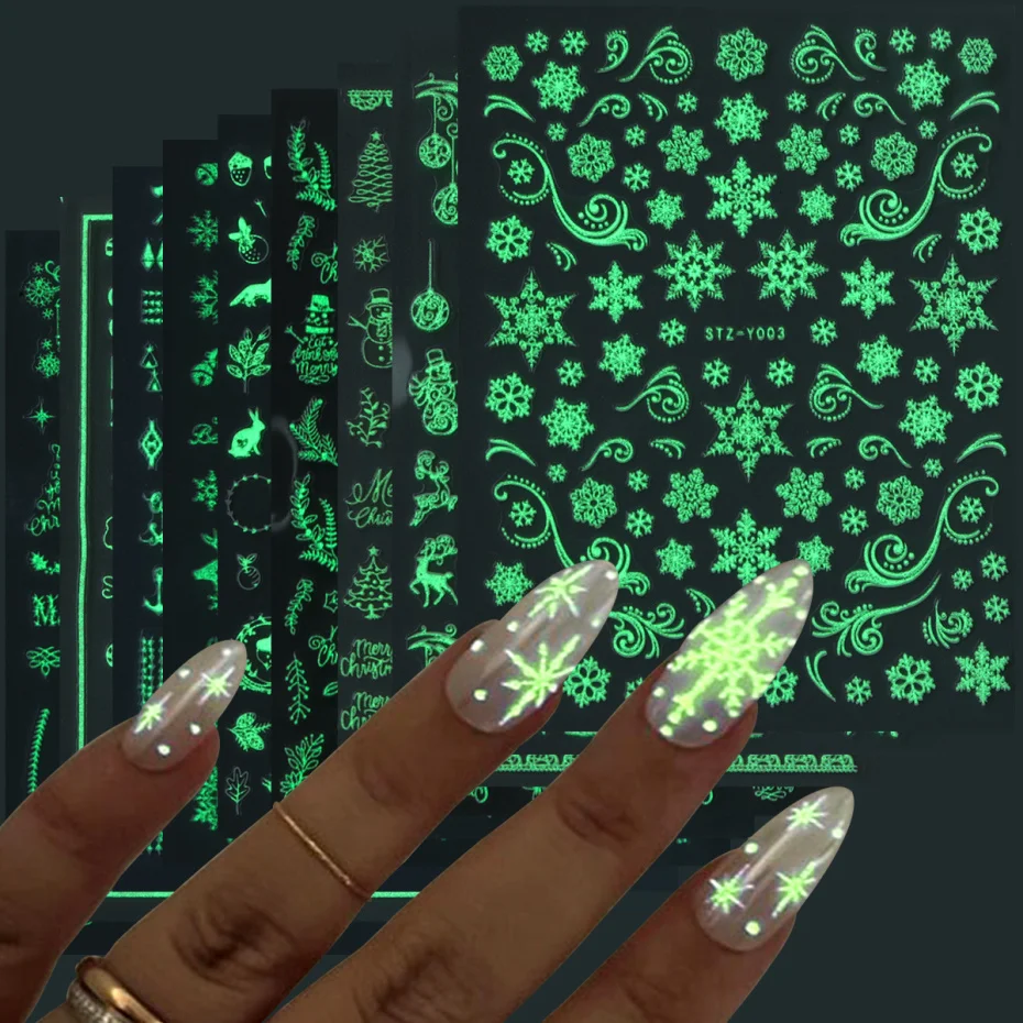 9pcs 3D Glow In The Dark Christmas Nail Art Stickers Luminous Snowflake Deer Snowman Xmas Flower Leaf Adhesive Sliders Decals