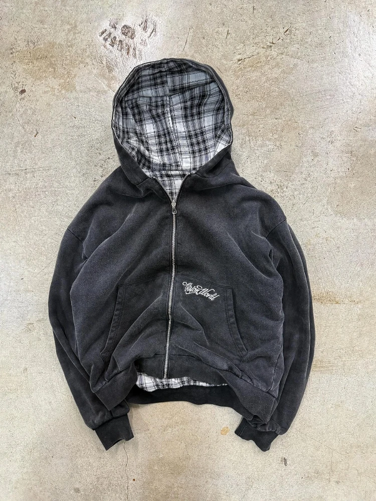 Harajuku Gothic Retro Style Zipper Double-Sided Hooded Sweatshirt Checkered Jacket Y2K Fashion Autumn/Winter Fashion Item