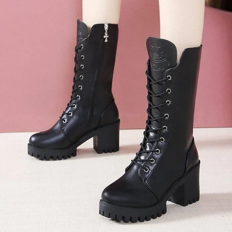 Autumn Shoes Woman Mid Calf Boots Winter Casual Platform Block High Heels Boots Female Lace Up Zipper Ladies Leisure