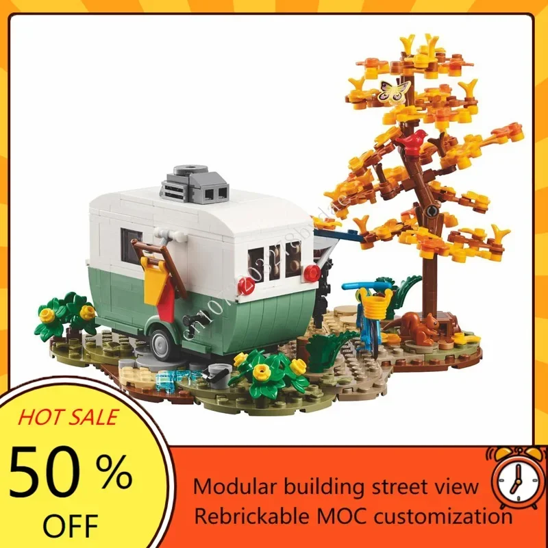 667PCS Camping Adventure Modular MOC Creative Street View รุ่นที่กําหนดเองปริศนาสถาปัตยกรรม DIY การศึกษาชุดประกอบของขวัญ