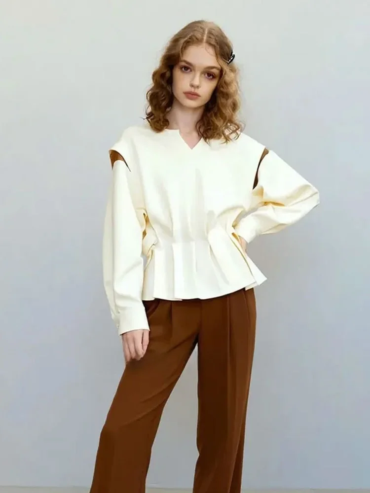 

Modular Disassembly Irregular Patchwork Sweatirt Waist Cinching Pleated Modern Sle Women's Long Sve V-Ne Commute Sle